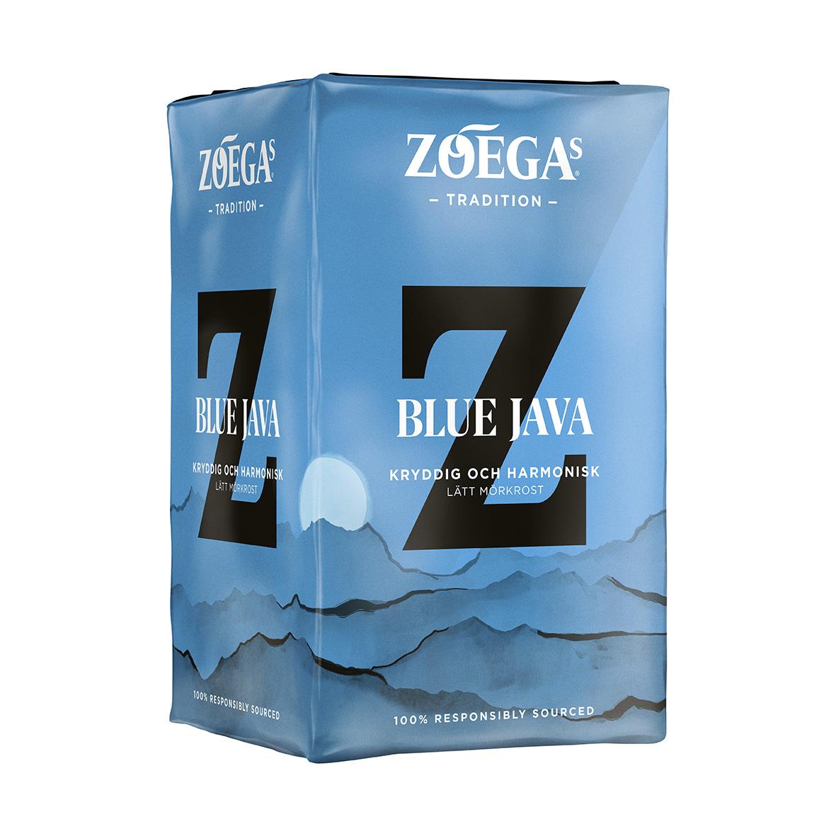 Blå kaffepåse Zoégas Blue Java Brygg 450g med bergslandskap och moln