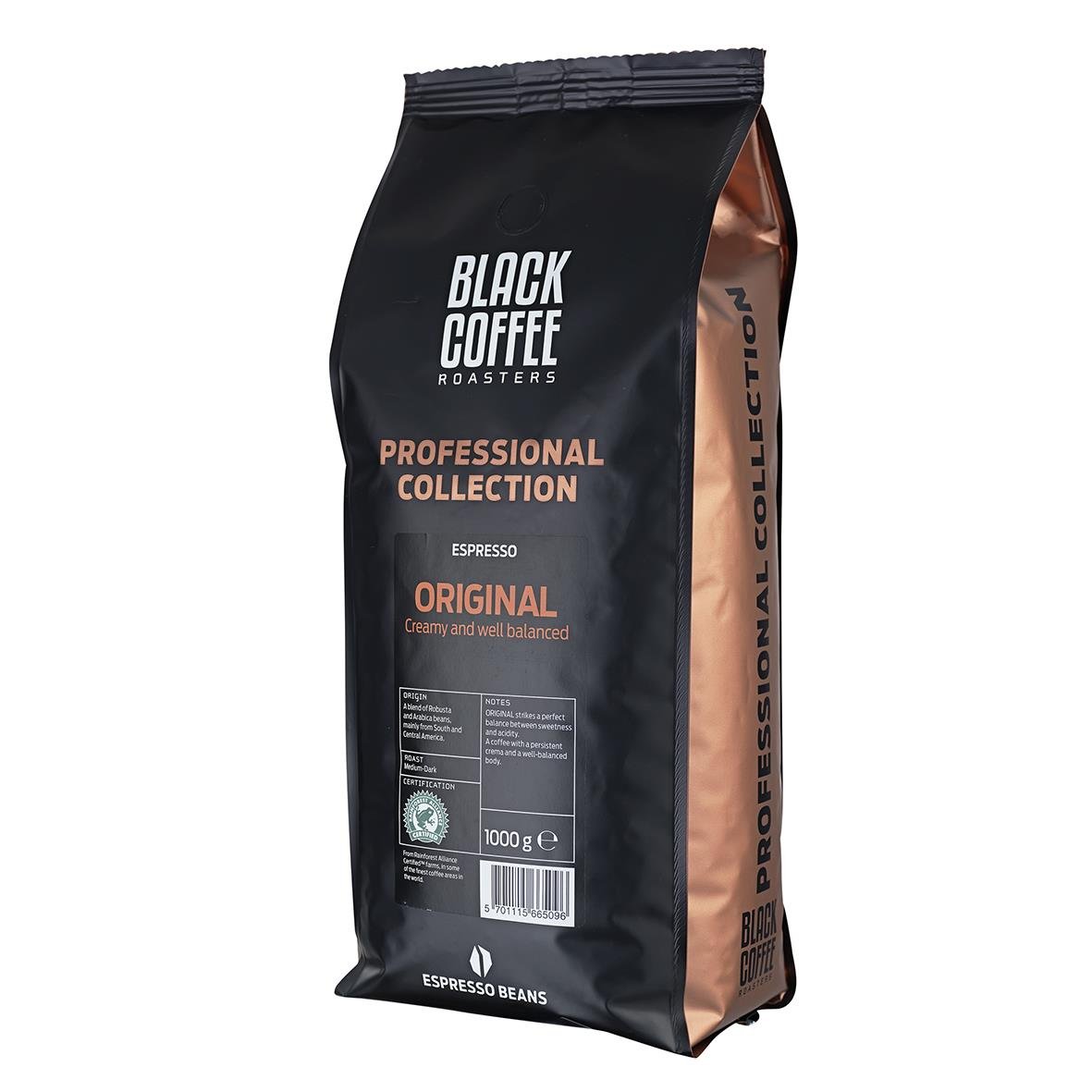 Svart kaffepåse från Black Coffee Roasters med texten Professional Collection Original Espresso 1000g