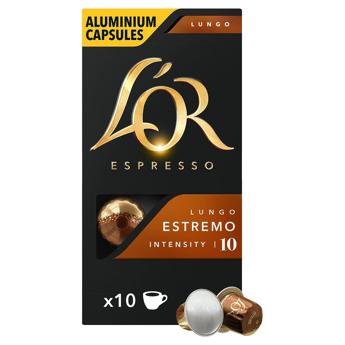 Kaffekapslar L'OR Lungo Estremo 10 stycken i svart och brunt förpackning med aluminiumkapslar
