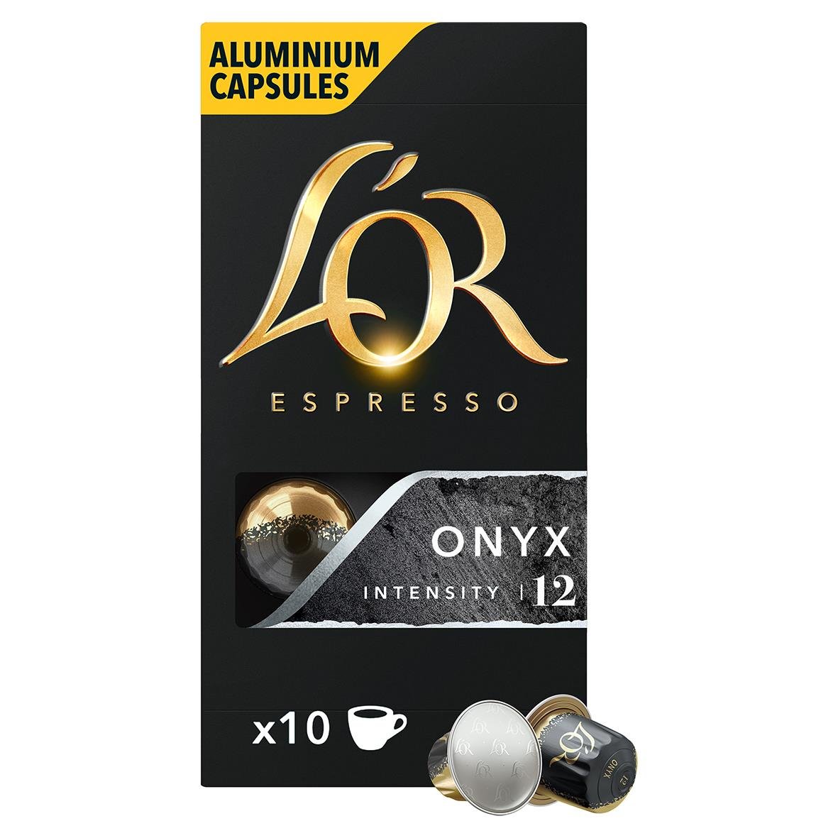 Kaffekapslar L'OR Espresso Onyx 12 i svart förpackning med guldtext och kapslar