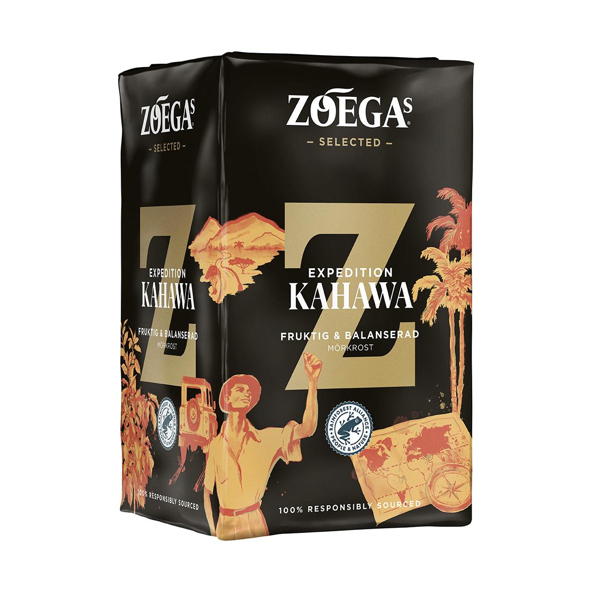 Förpackning av Zoégas Kahawa bryggkaffe 450g med illustration av en kvinna och palmer
