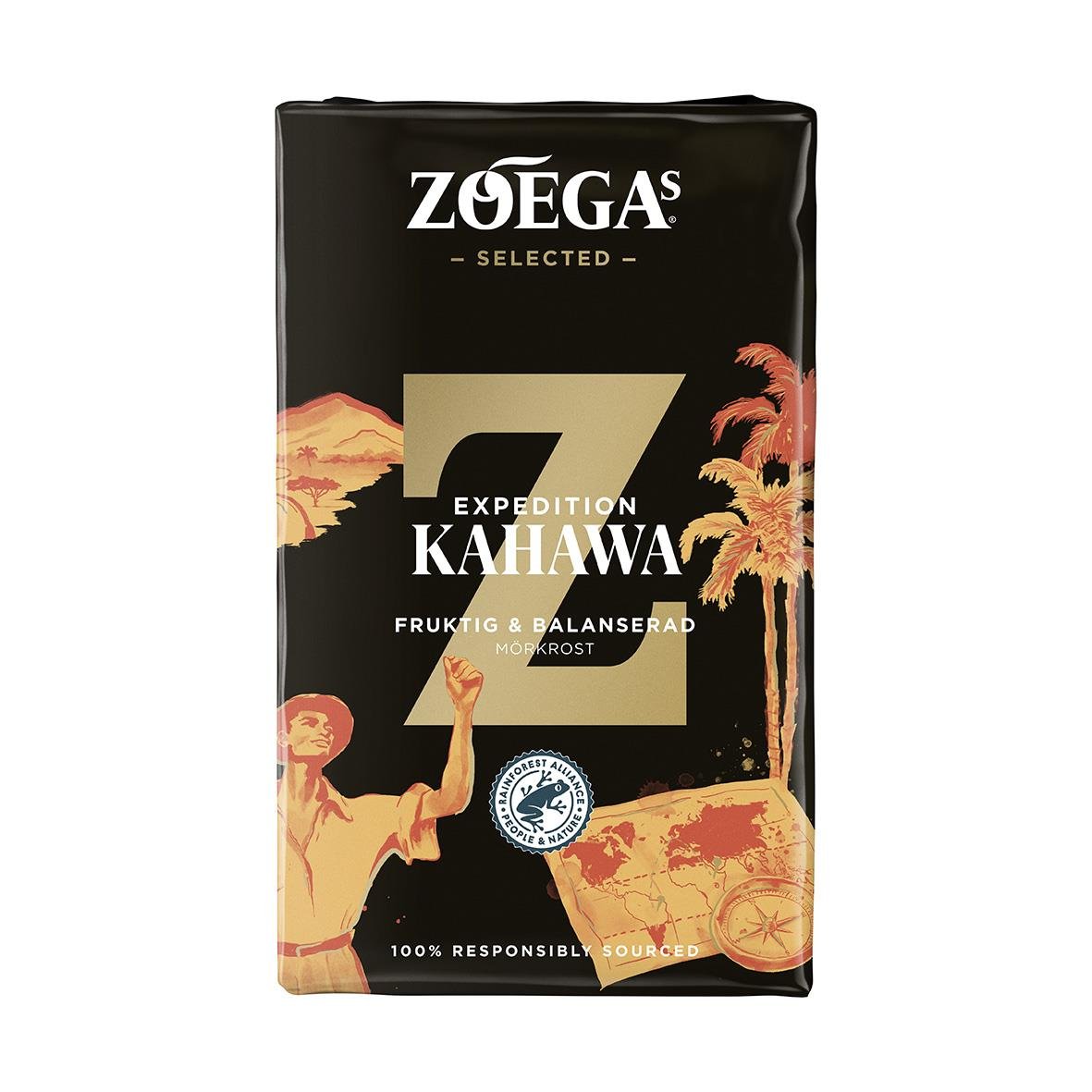Zoégas Kahawa bryggkaffe 450g förpackning med svart och beige design och palmer
