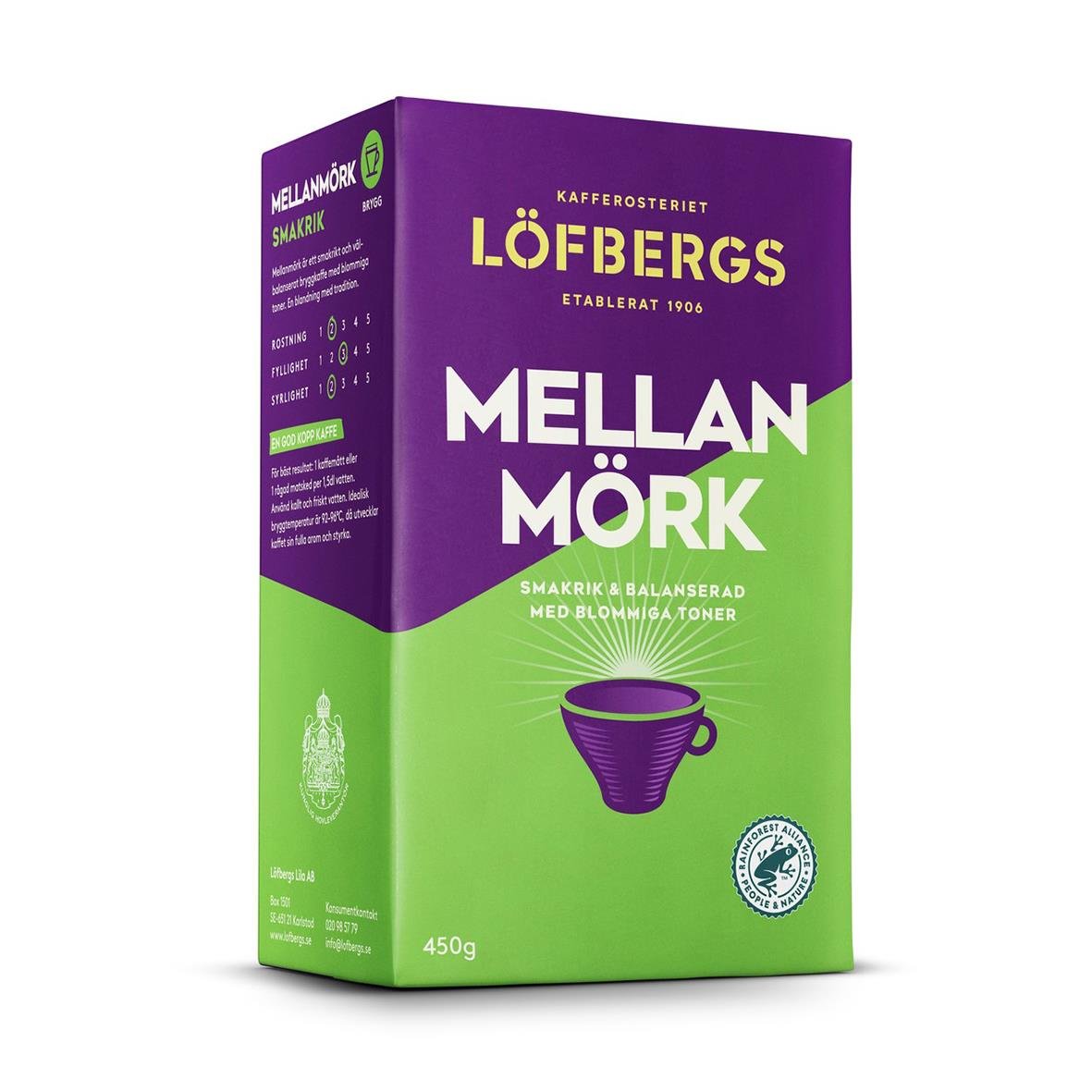 Förpackning av Löfbergs Mellanmörk bryggkaffe 450g i lila och grönt design