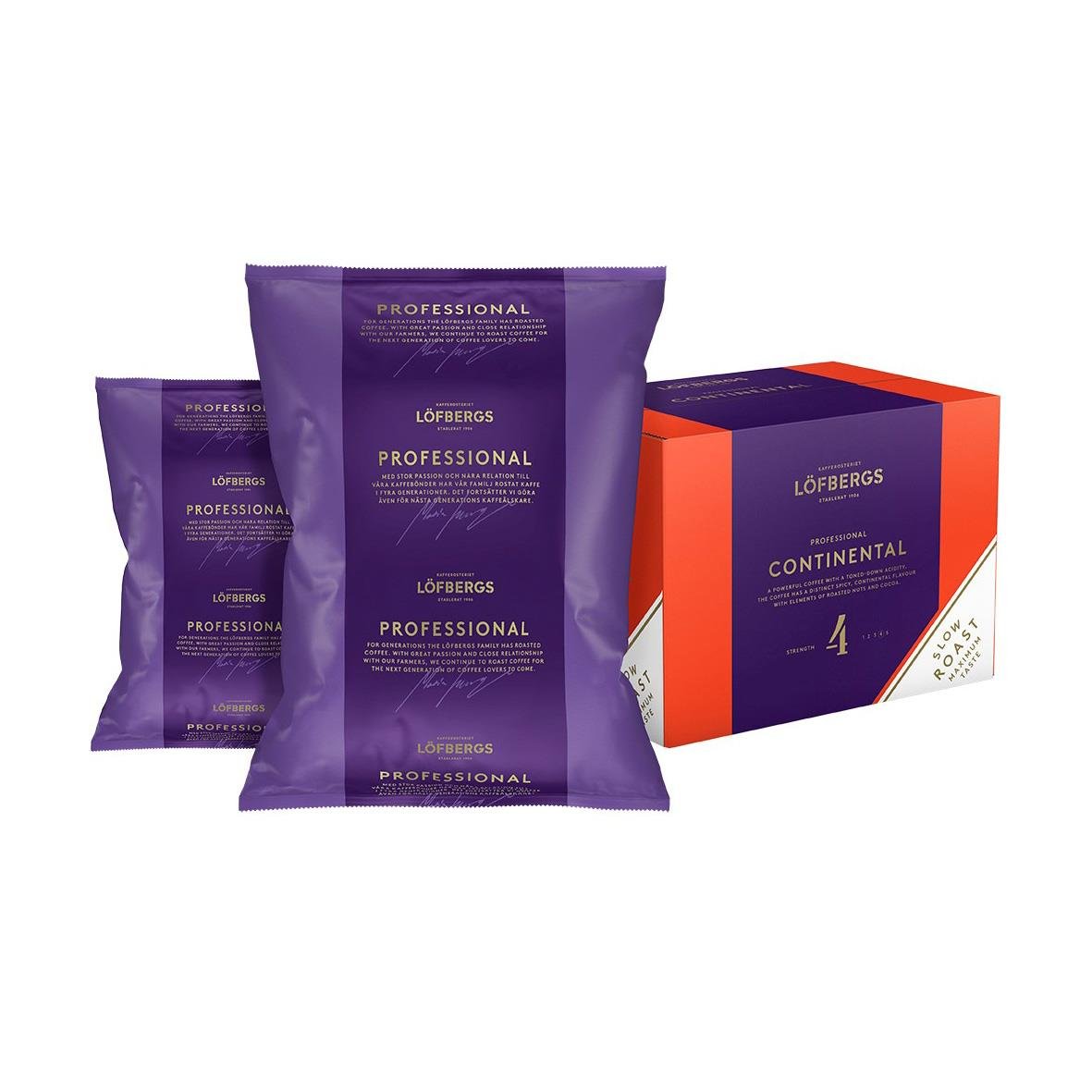 Kaffe Löfbergs Continental hela bönor 1000g i purple förpackning och box