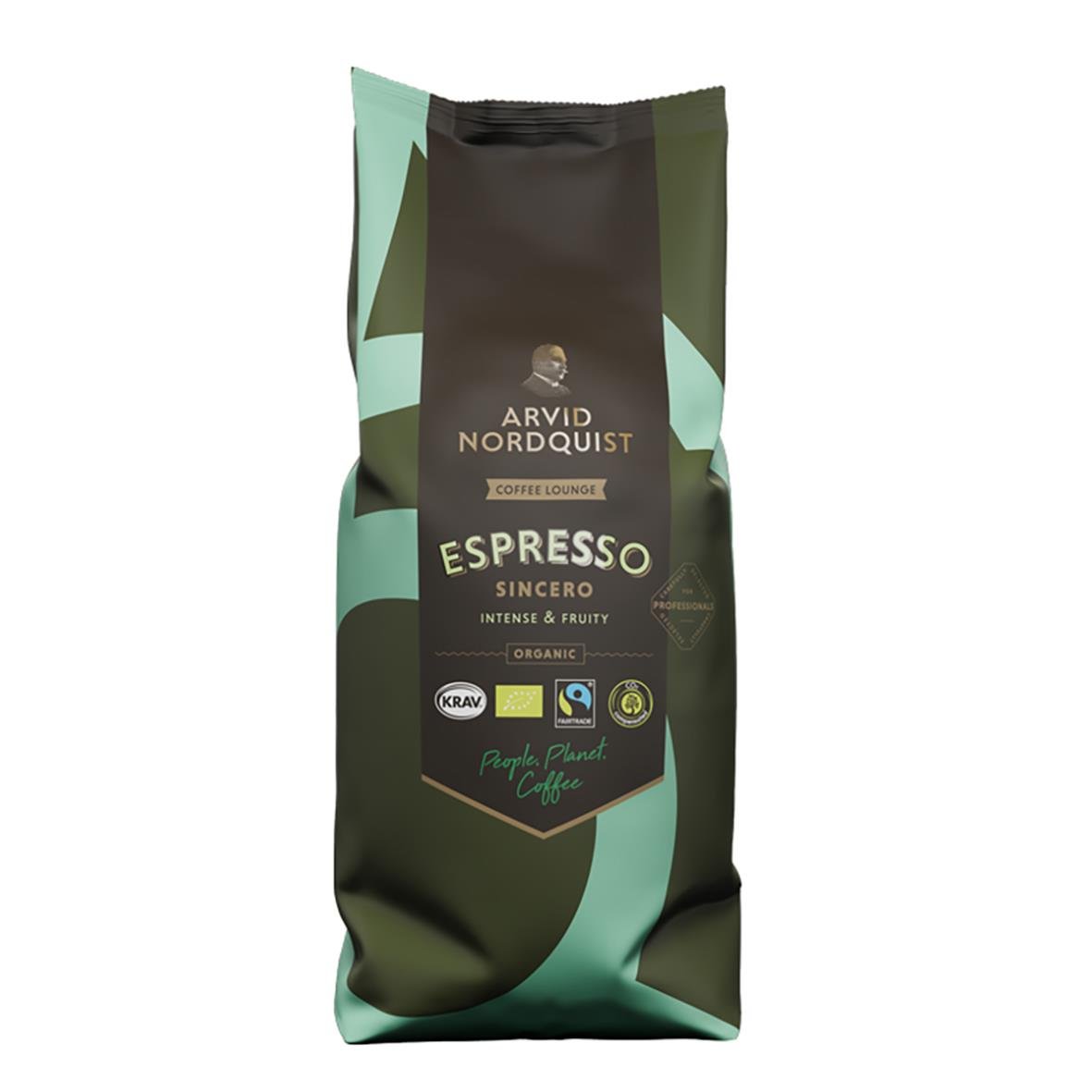 Förpackning av Arvid Nordquist Sincero Espresso hela bönor 1000g i grönt och svart design