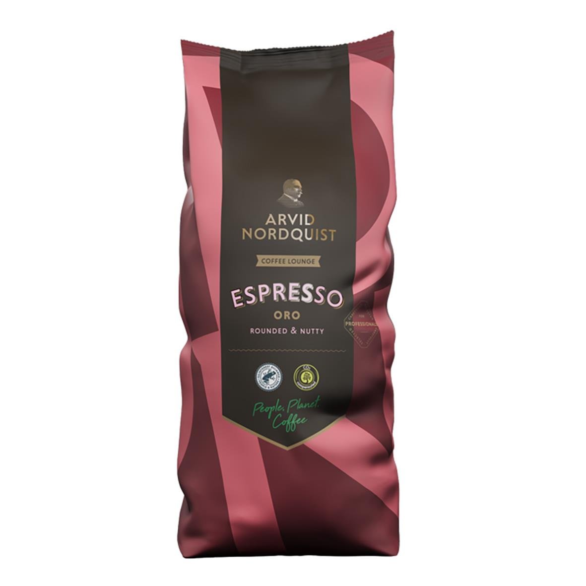 Kaffe Arvid Nordquist Oro Espresso hela bönor 1000g i rosa och svart förpackning