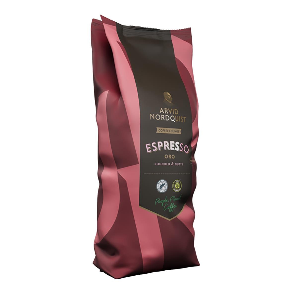 Kaffe Arvid Nordquist Oro Espresso hela bönor 1000g i rosa och svart förpackning