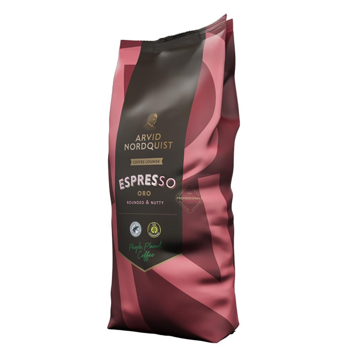 Kaffe Arvid Nordquist Oro Espresso hela bönor 1000g i rosa och svart förpackning