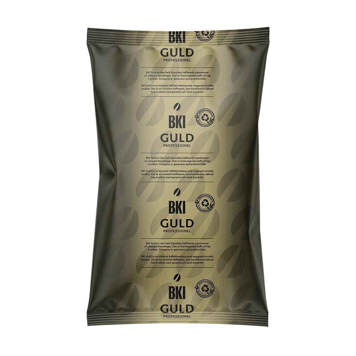 Förpackning av mörkrostad kaffe BKI Dark Brazil Malet 1000g i guldfärgad påse