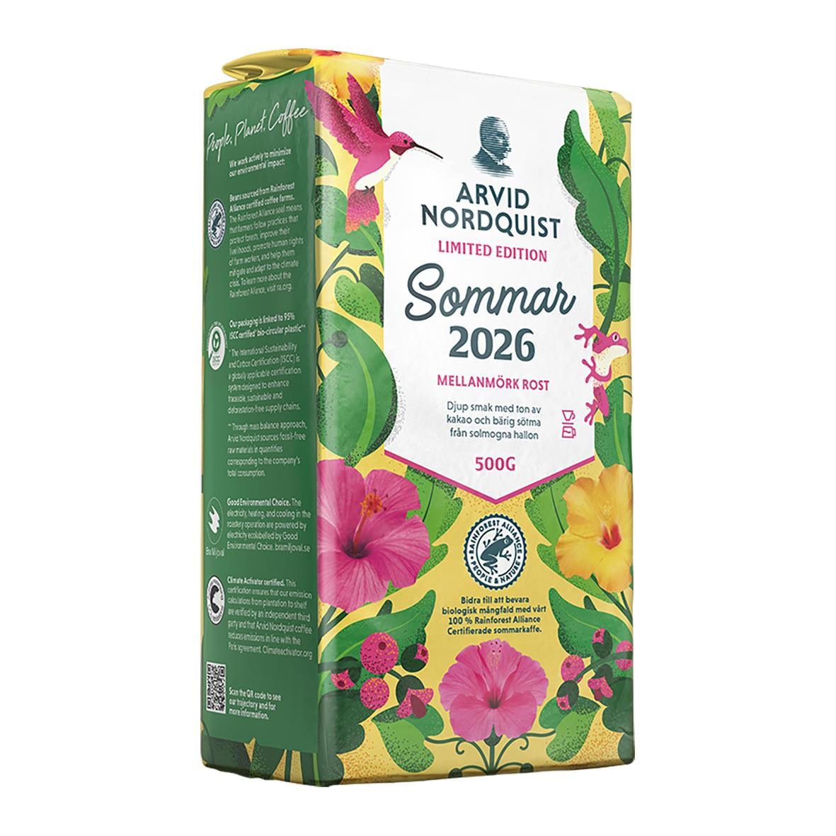 Kaffe Arvid Nordquist Sommar 2025 brygg 500g med blommor och gröna blad på förpackningen