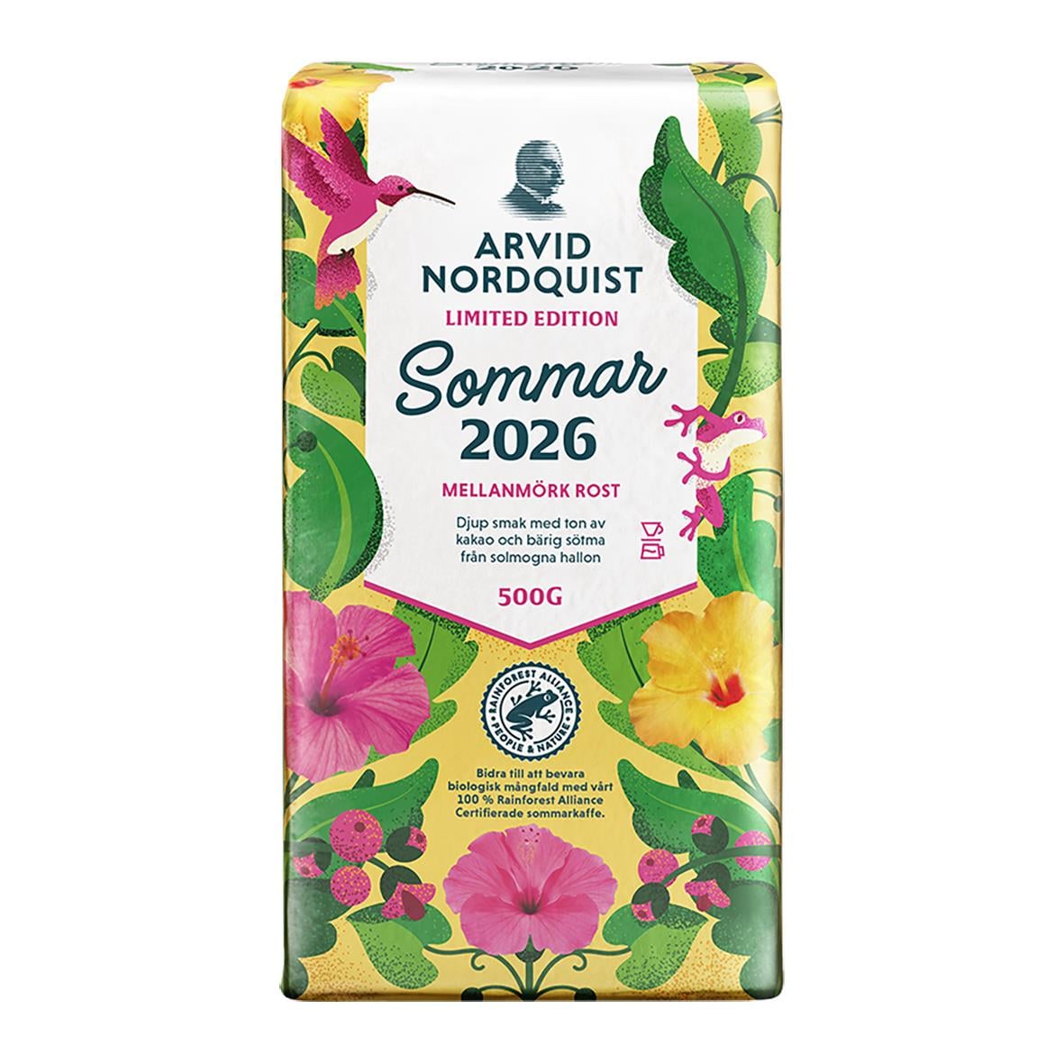 Kaffe Arvid Nordquist Sommar 2025 brygg 500g med blommor och gröna blad på förpackningen