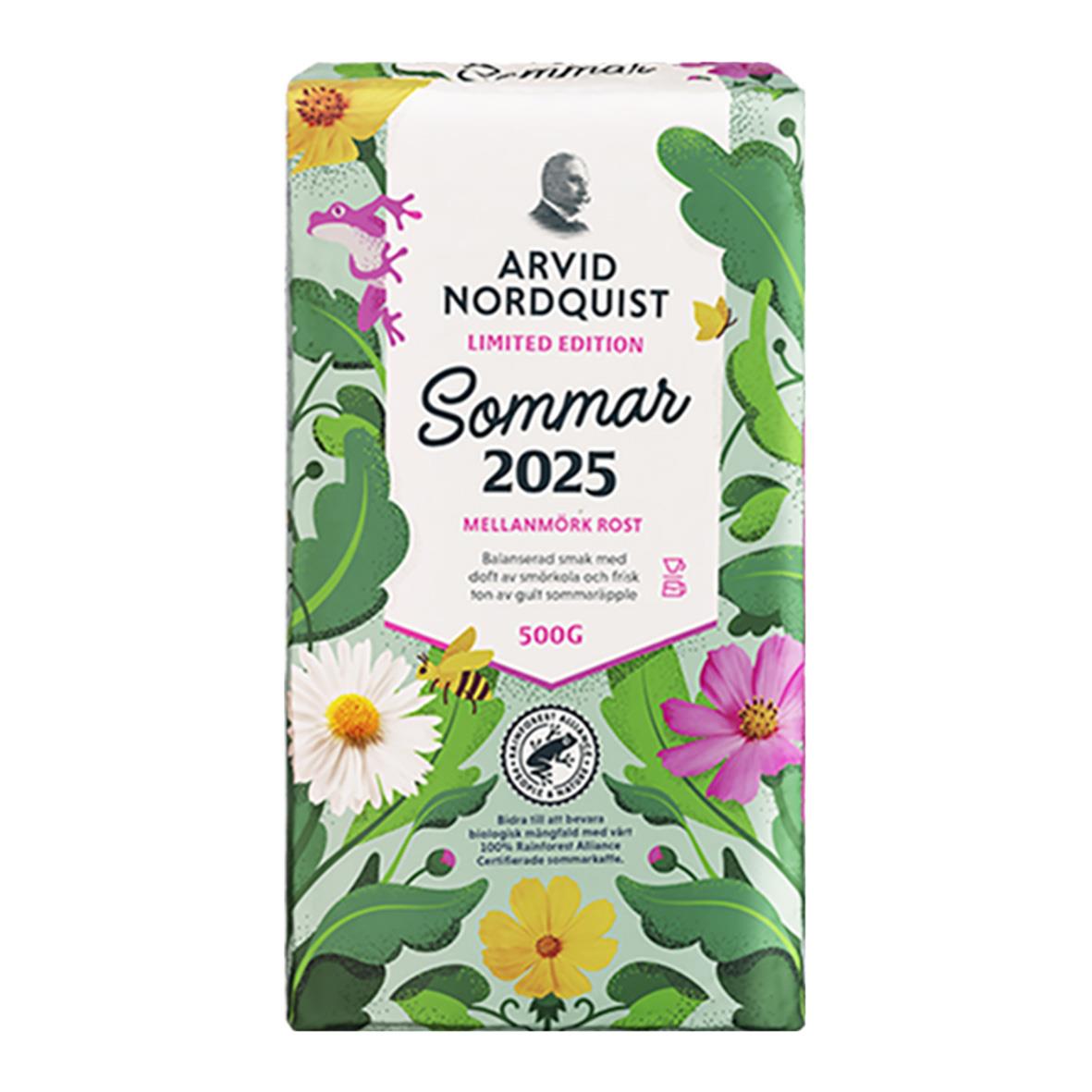 Kaffe Arvid Nordquist Sommar 2025 brygg 500g med blommor och gröna blad på förpackningen