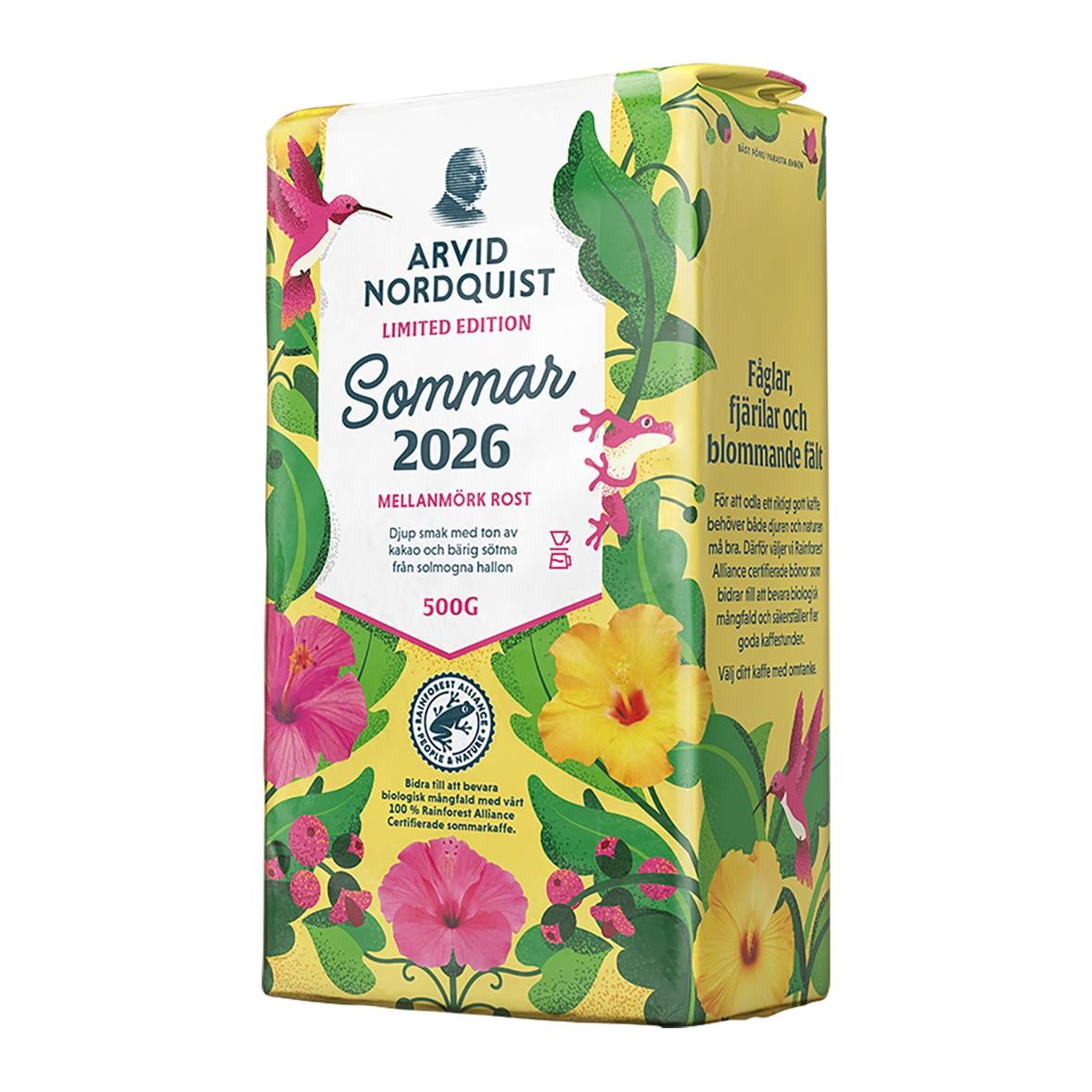 Kaffe Arvid Nordquist Sommar 2025 brygg 500g med blommor och gröna blad på förpackningen