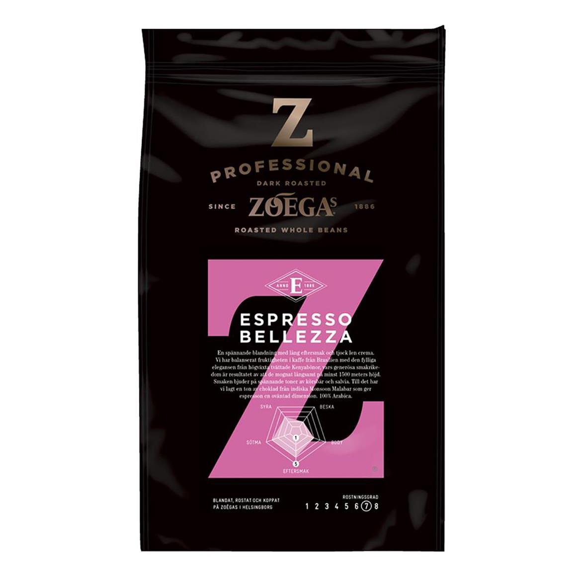 Förpackning av Zoégas Belezza Espresso hela bönor 500g i svart och rosa design
