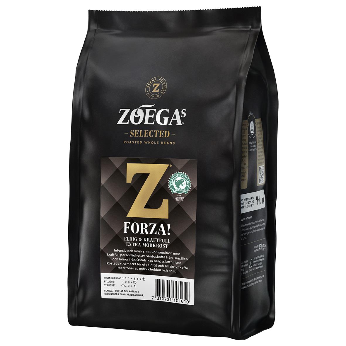 Förpackning av Zoégas Forza hela kaffebönor 450g i svart påse
