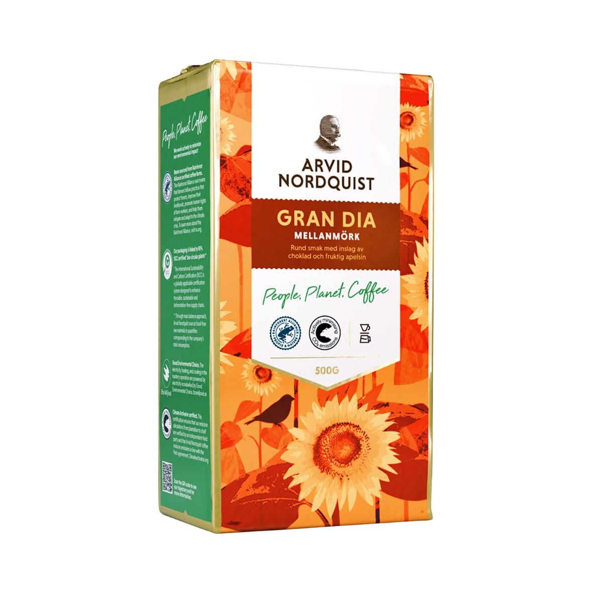 500g paket Arvid Nordquist Gran Dia mellanrost kaffe med solrosbild på förpackningen