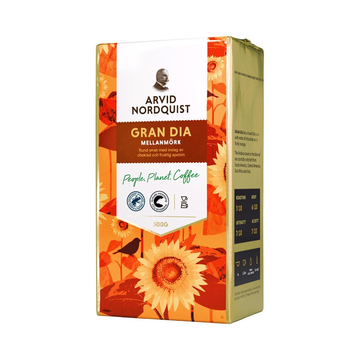 Kaffe Arvid Nordquist Gran Dia Mellanmörk 500g med solros och höstlöv på förpackningen