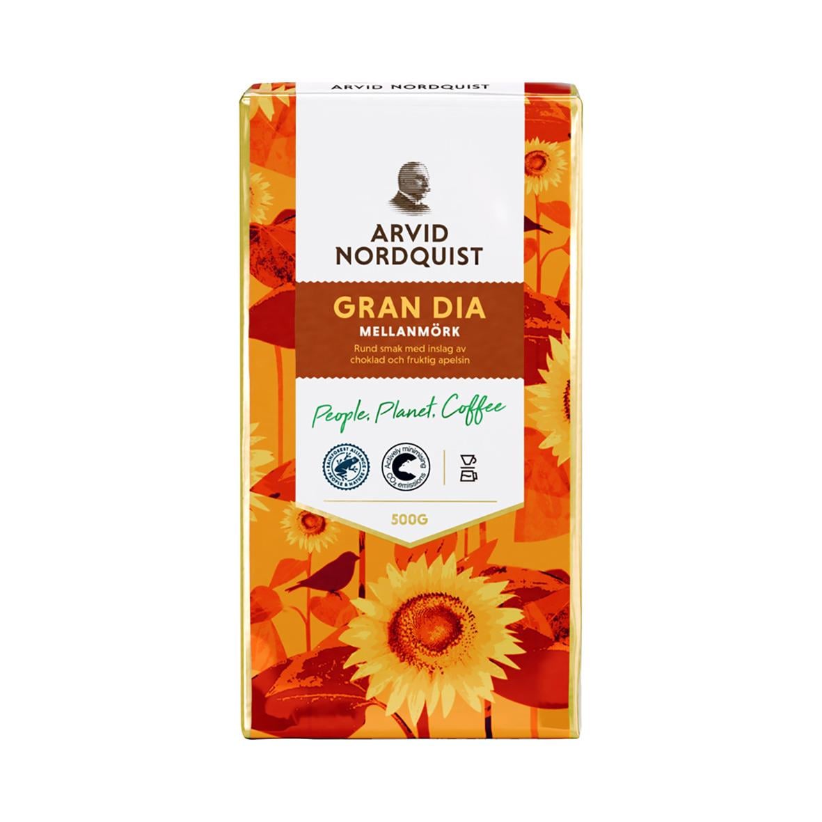 Kaffe Arvid Nordquist Gran Dia Mellanmörk 500g med solros på förpackningen