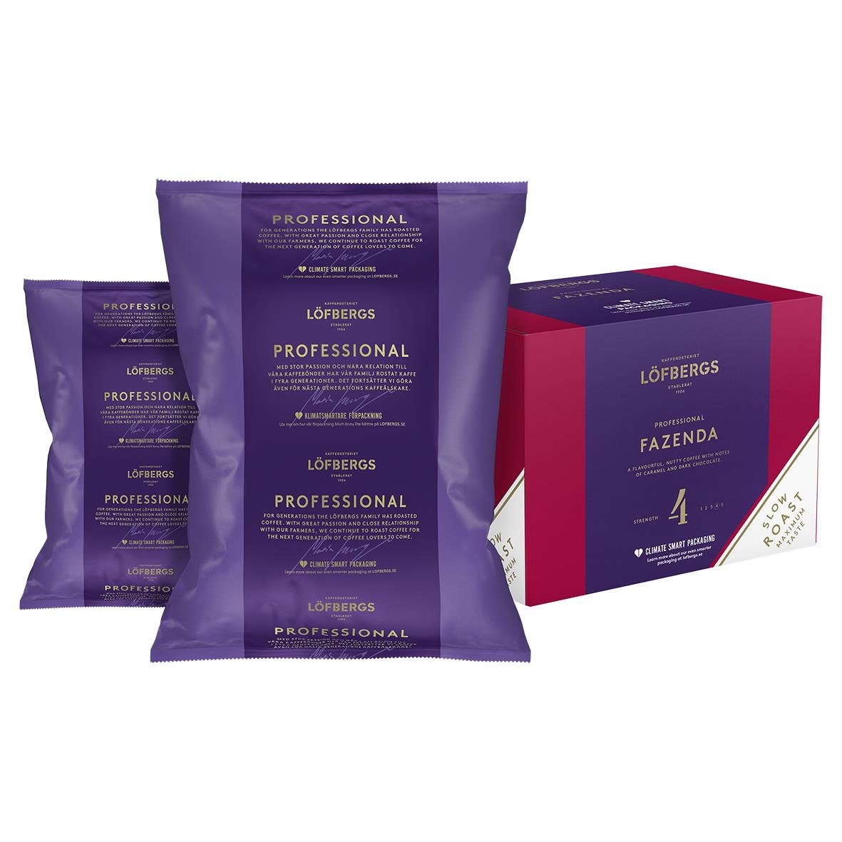 Löfbergs Fazenda Kannbrygg kaffe i 80g förpackning och box