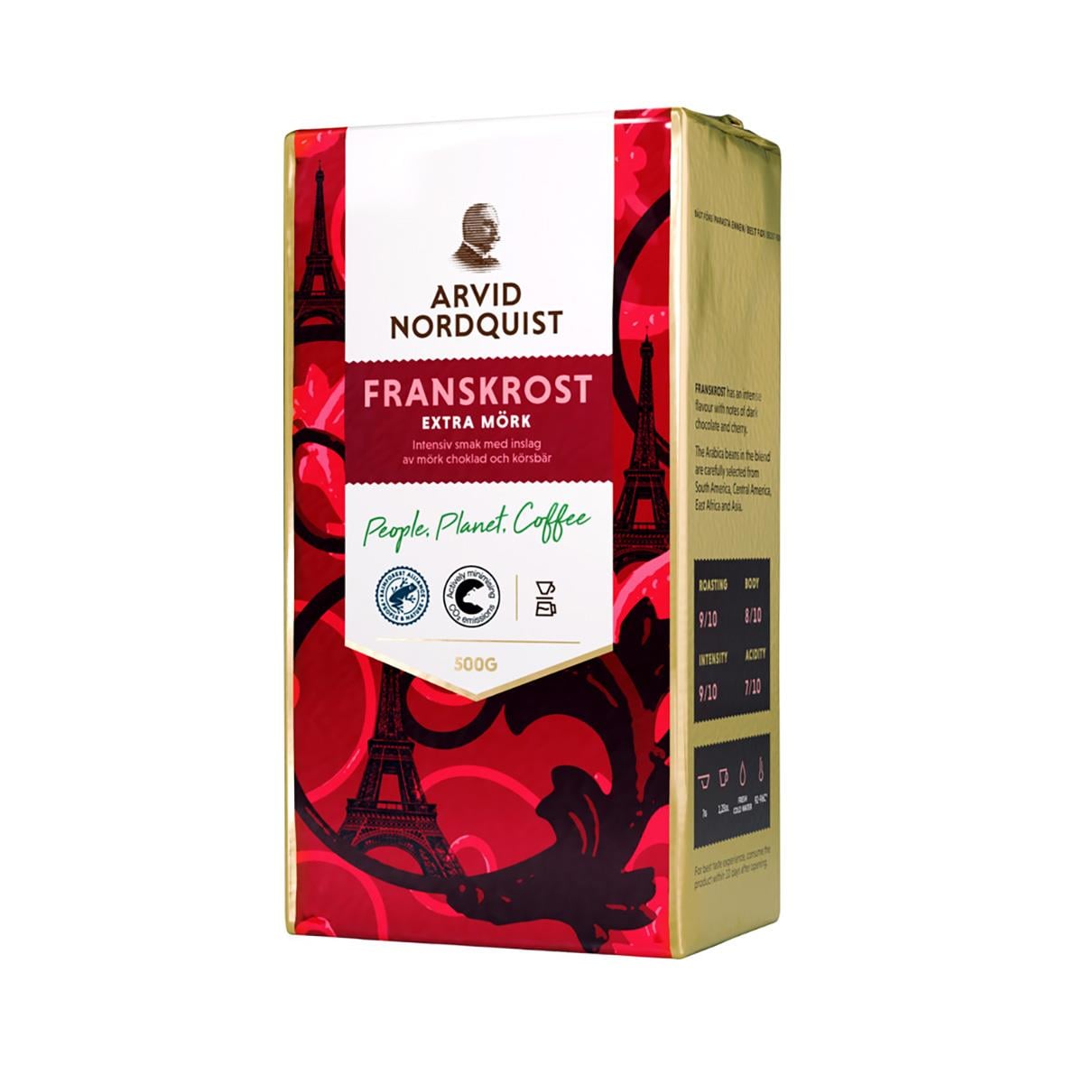 Kaffe Arvid Nordquist Franskrost brygg 500g i röd och vit förpackning med Eiffeltornet i bakgrunden