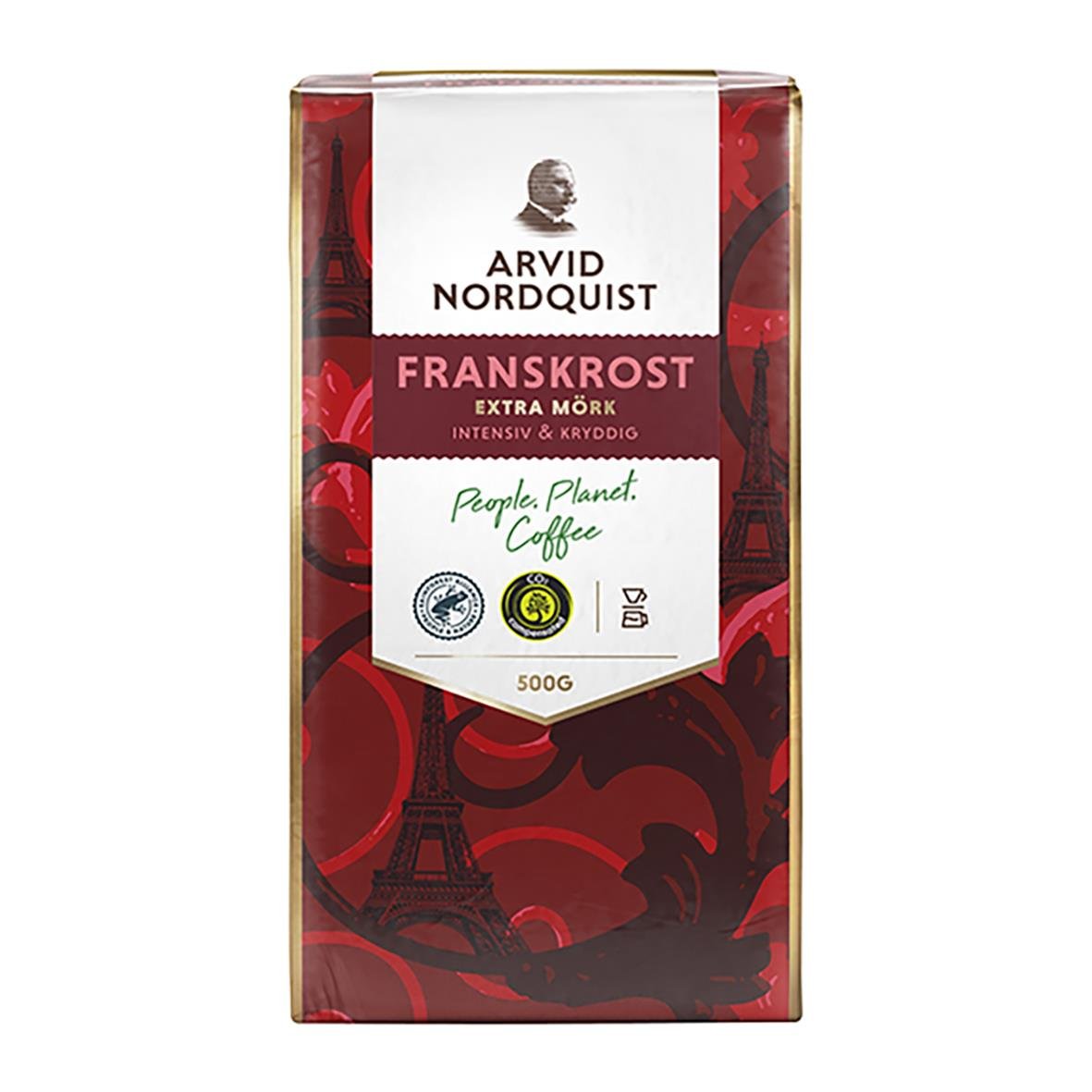 Kaffe Arvid Nordquist Franskrost brygg 500g i röd och vit förpackning med Eiffeltornet i bakgrunden