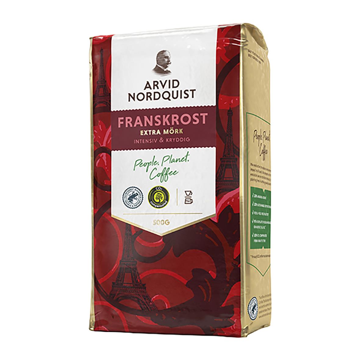 Kaffe Arvid Nordquist Franskrost Brygg 500g i förpackning med röd och beige design