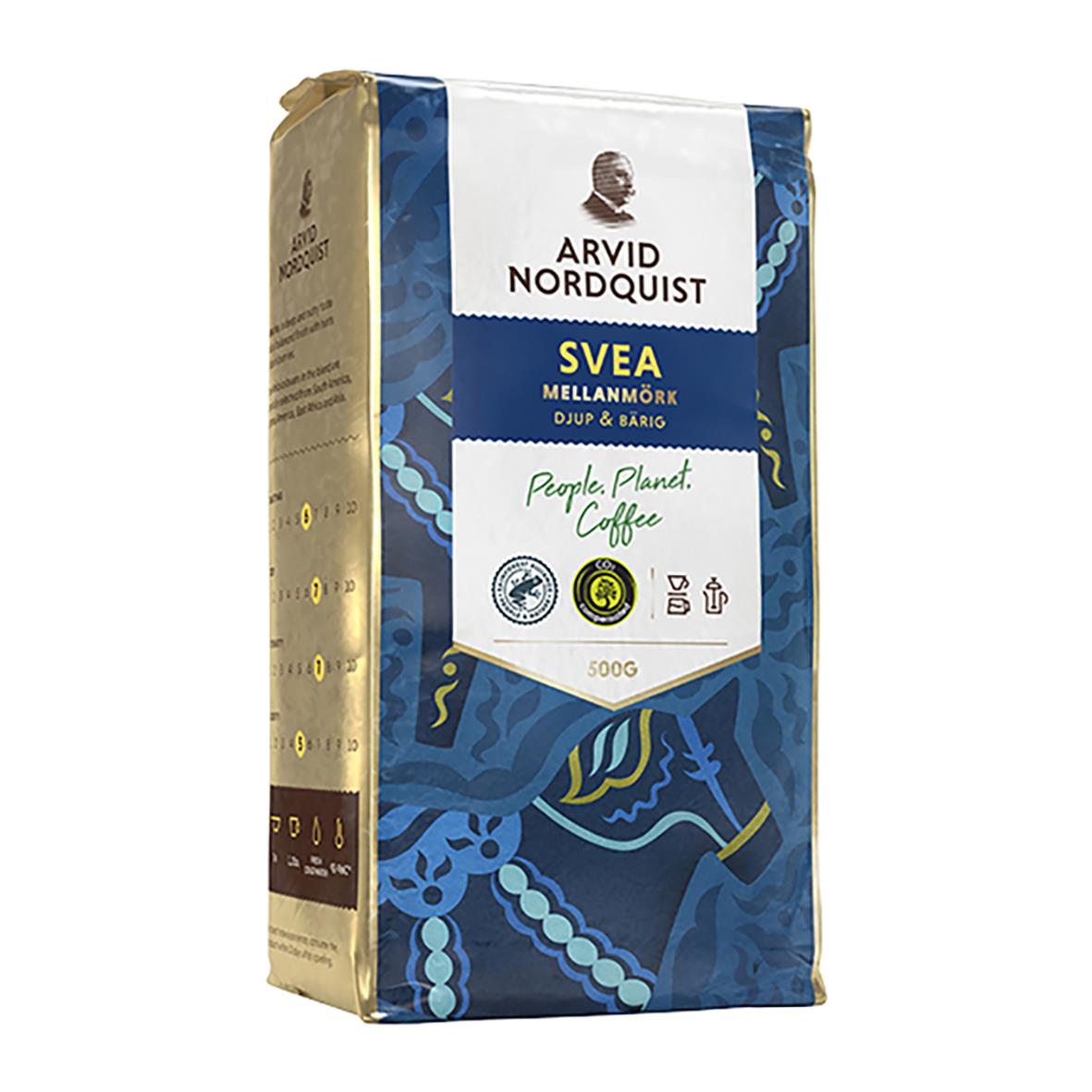 500g paket Arvid Nordquist Svea Mellanmörk kaffe med blå och vit förpackning