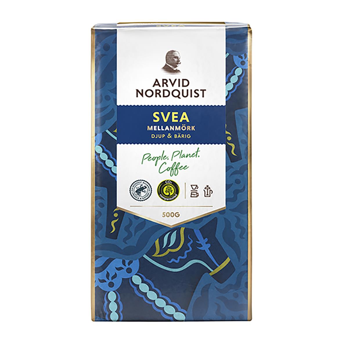 Kaffe Arvid Nordquist Svea Mellanmörk 500g, förpackning med blå och vit design och Arvid Nordquist logga