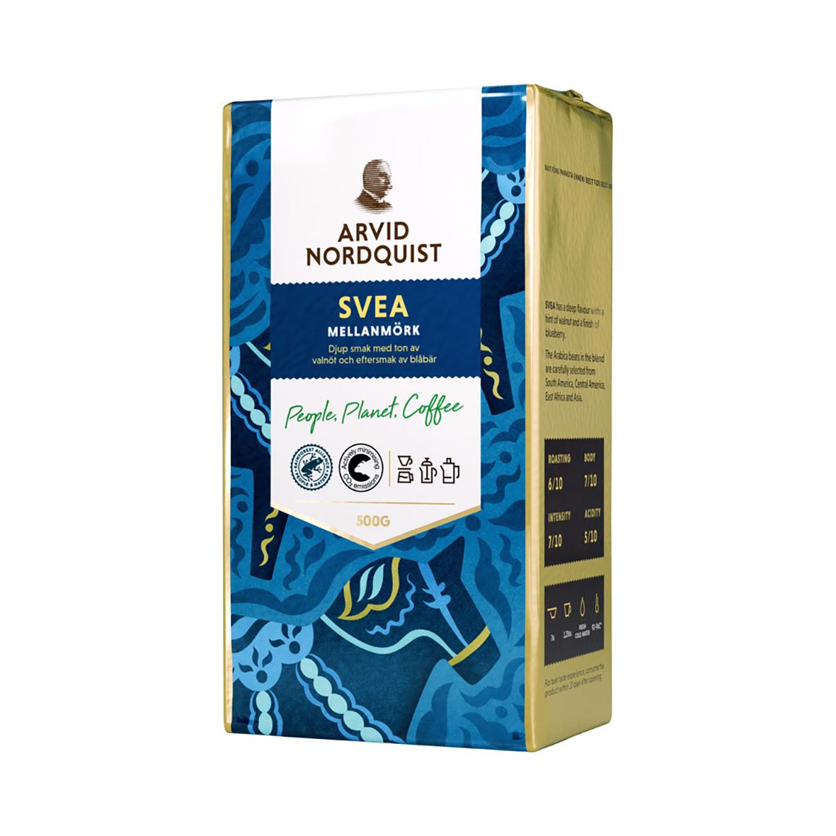Kaffe Arvid Nordquist Svea Mellanmörk 500g, förpackning med blå och vit design och Arvid Nordquist logga
