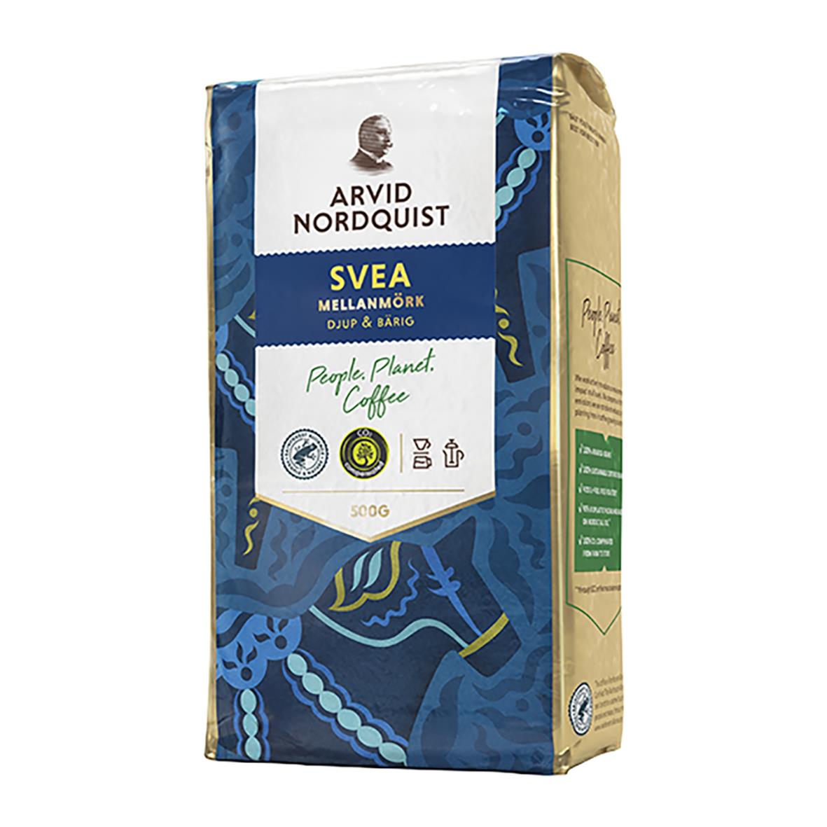 Kaffe Arvid Nordquist Svea Mellanmörk 500g i blå och beige förpackning