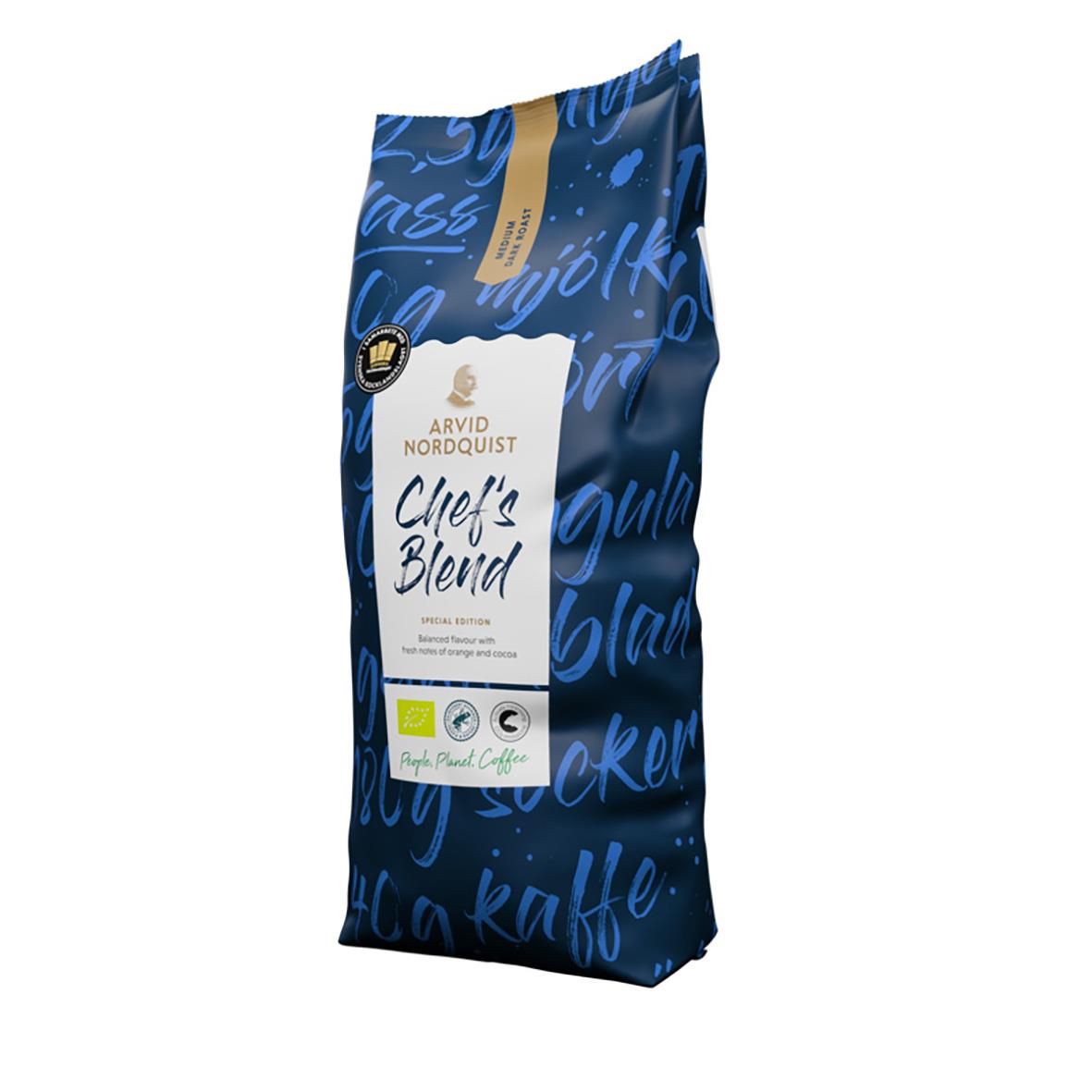 Kaffe Arvid Nordquist Chef's Blend hela bönor 1000g i blå förpackning med text