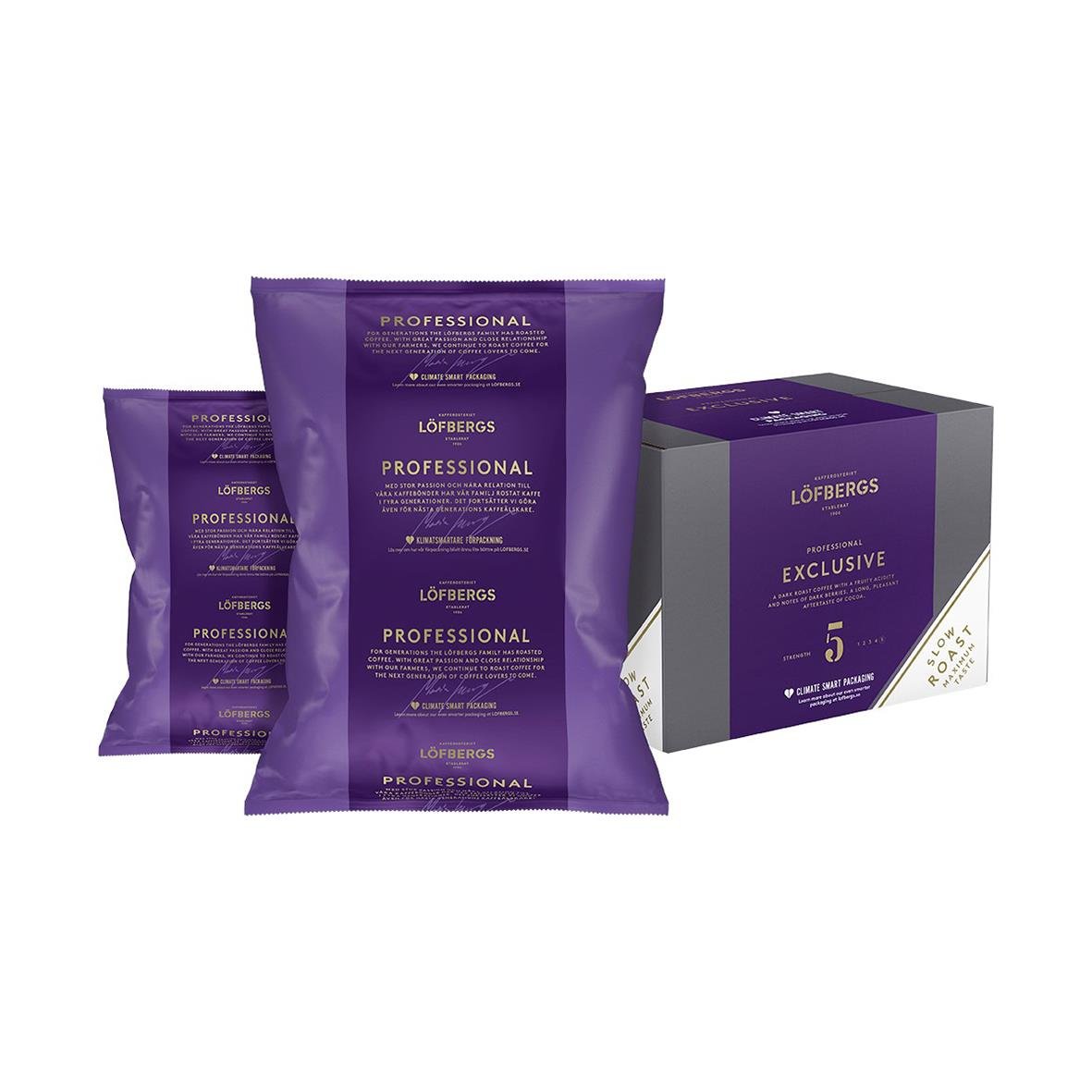 Löfbergs Exclusive hela kaffebönor i 1kg förpackning med en mindre påse och en box