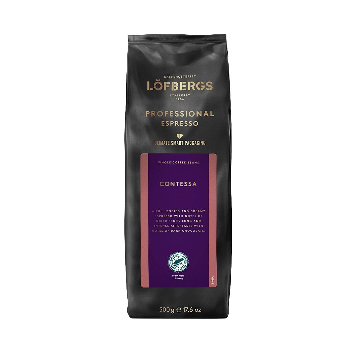 500g påse med Löfbergs Contessa Espresso hela bönor i svart förpackning med lila och guldtext
