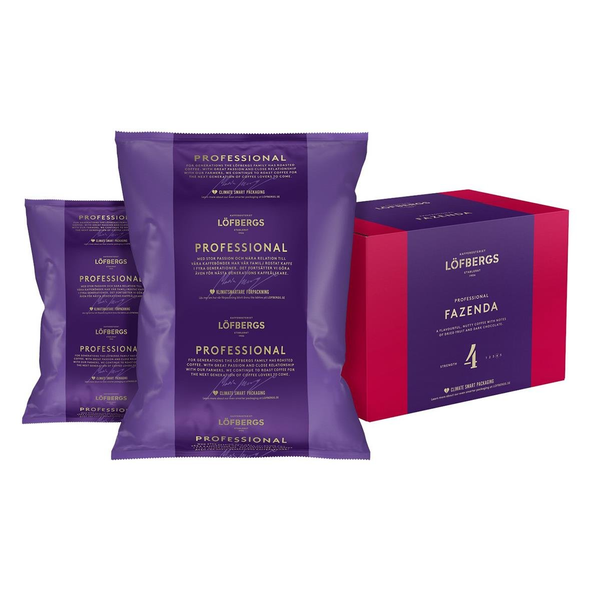 Löfbergs Fazenda Kannbrygg kaffe i 100g förpackningar och box