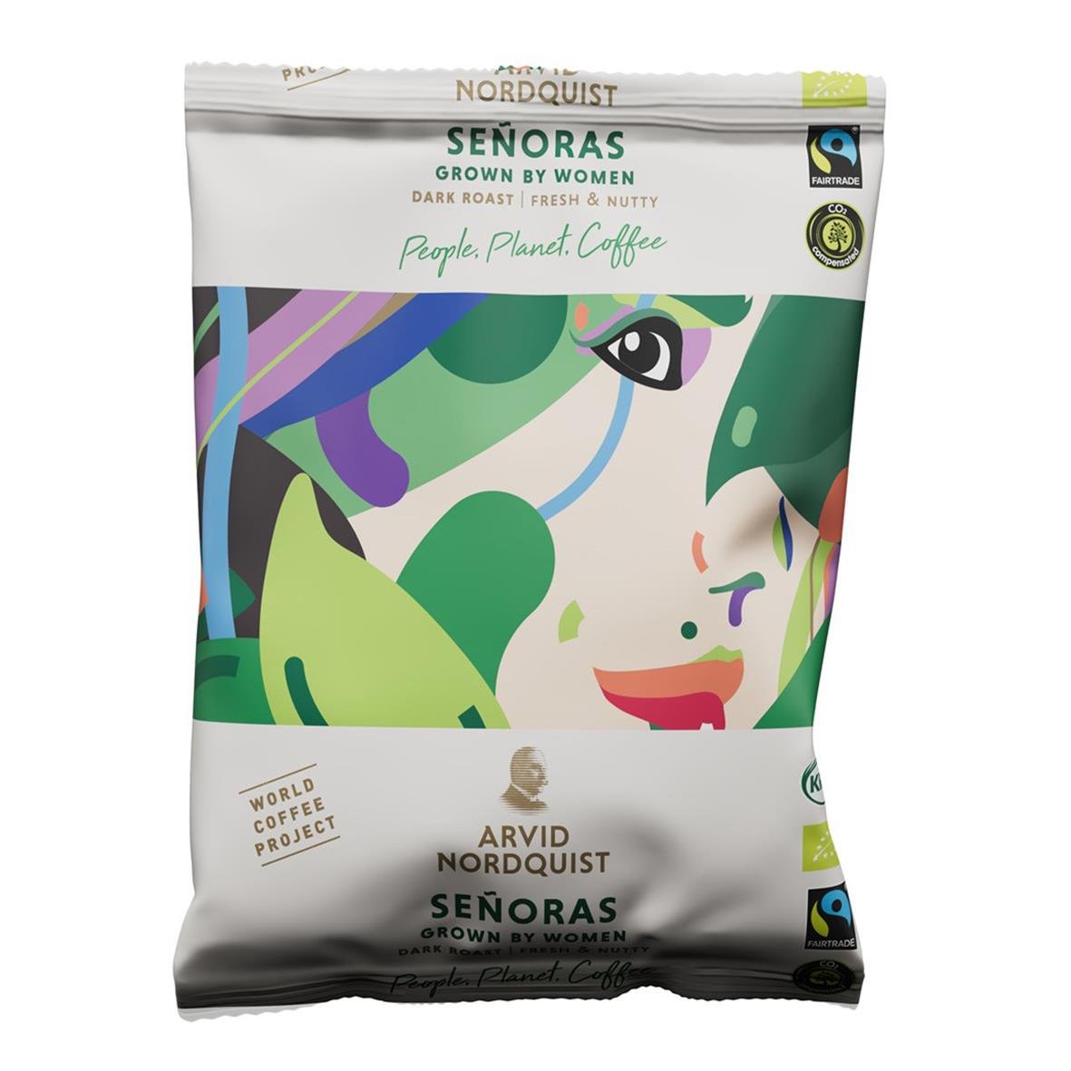 Förpackning av Señoras kaffe från Arvid Nordquist med modern illustration av en kvinnas ansikte i gröna och blå nyanser