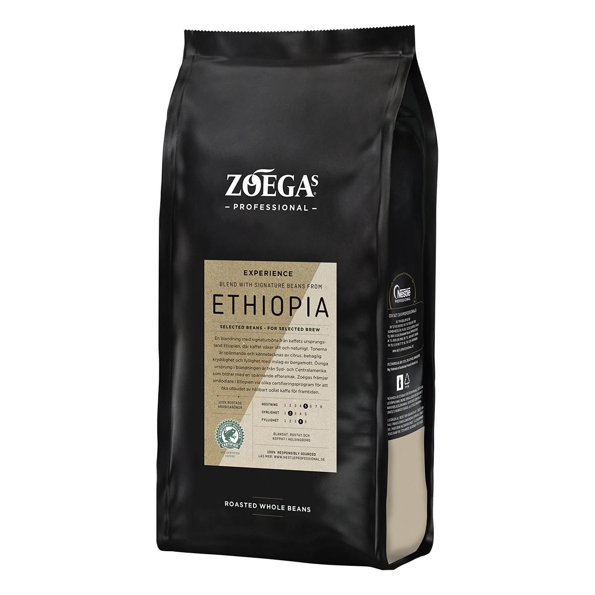 Svart kaffepåse med Zoégas Experience Blend Ethiopia etikett