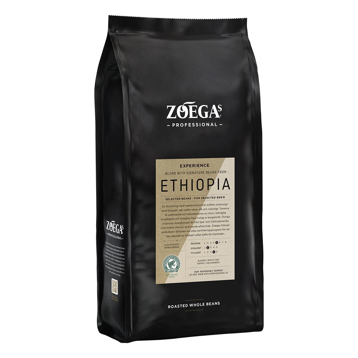 Svart kaffepåse med Zoégas Experience Blend Ethiopia etikett