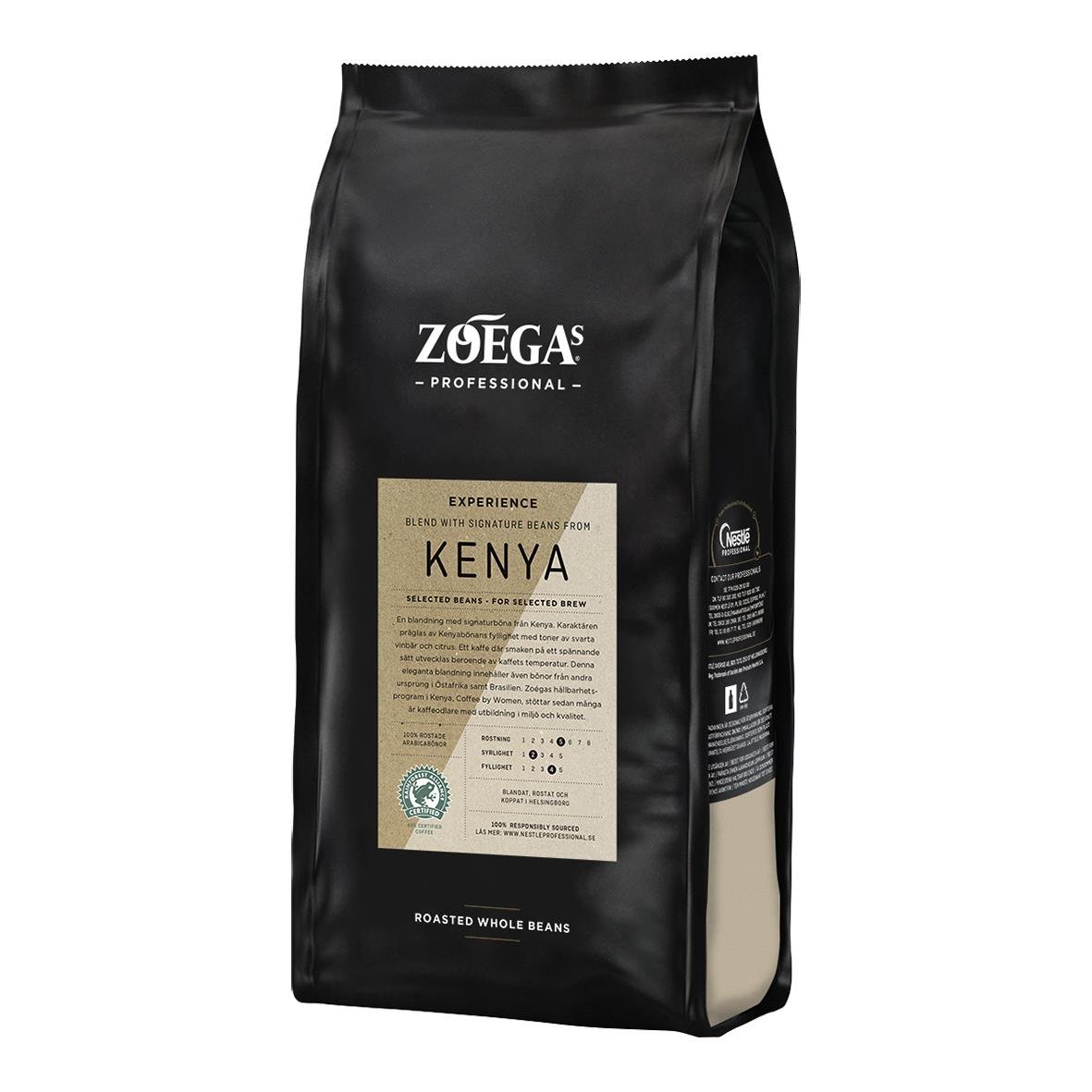 Svart kaffepåse med Zoégas Experience Blend Kenya etikett och 750g vikt