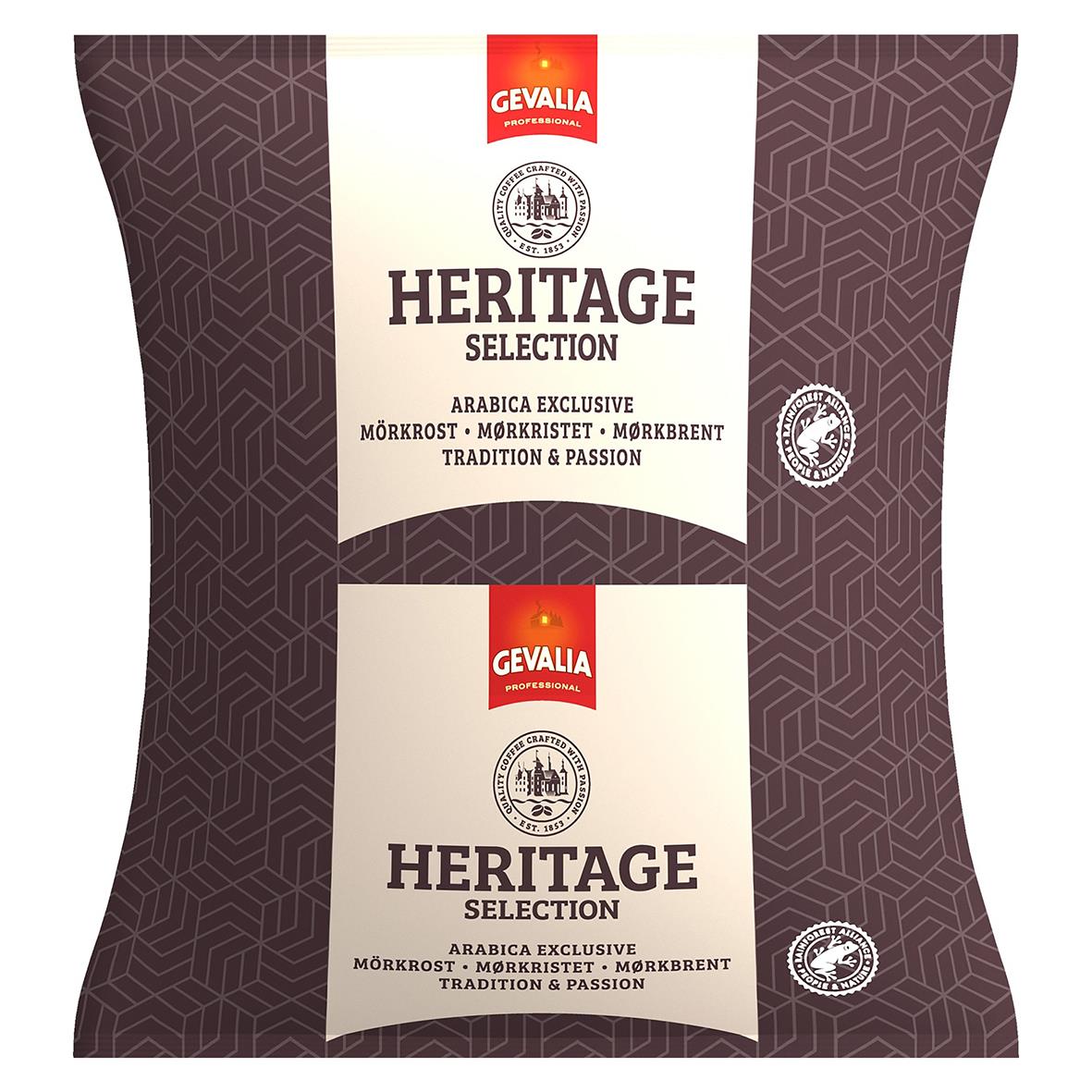 Kaffe Gevalia Heritage 1920 Kannbrygg 90g förpackning med två påsar i mörkbrun och beige design