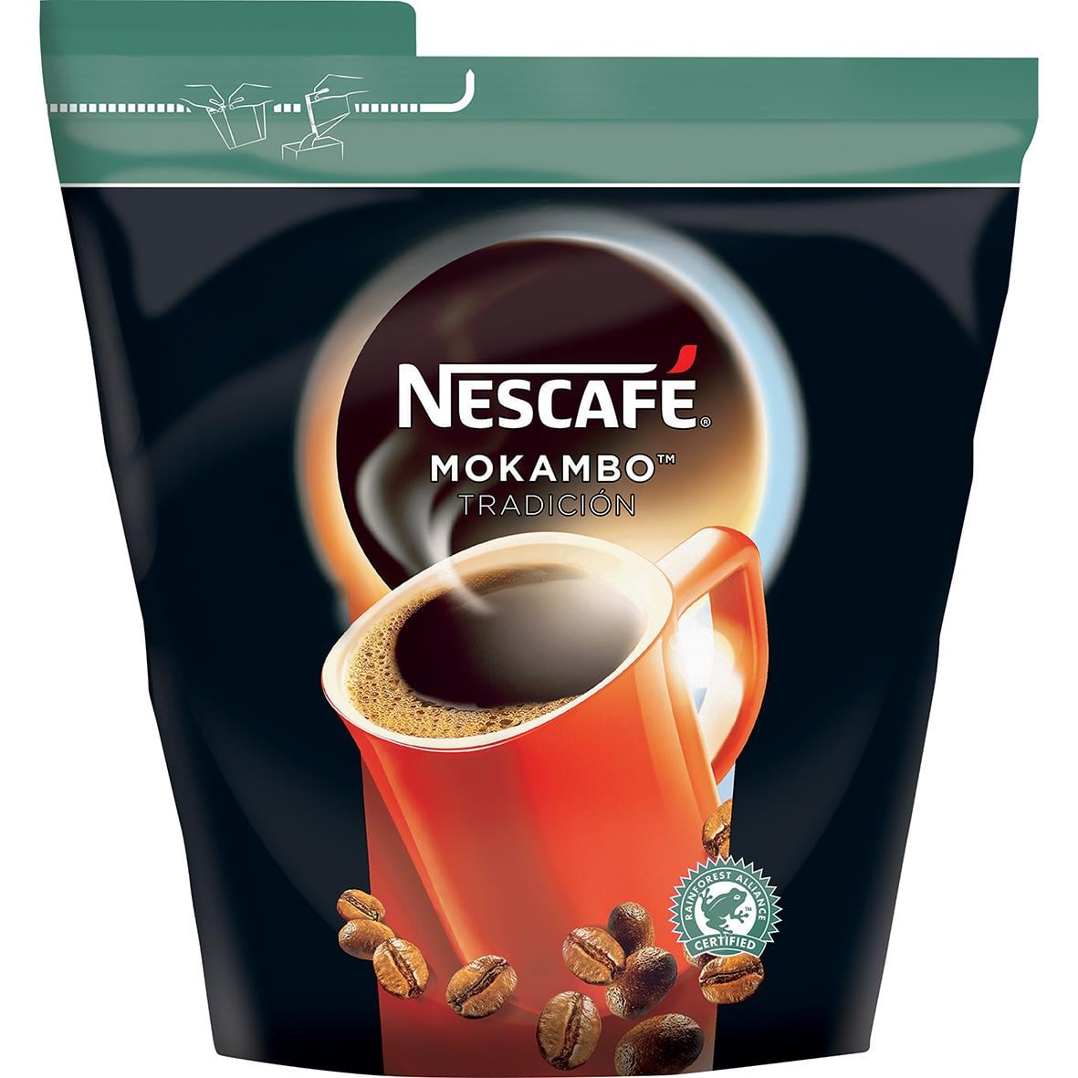 Förpackning av Nescafé Mokambo Espresso snabbkaffe 500g med bild av en kopp kaffe och kaffebönor