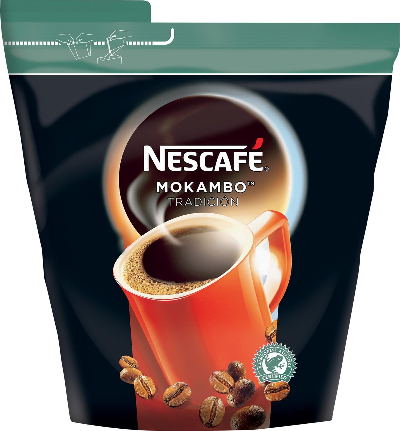 Förpackning av Nescafé Mokambo Espresso snabbkaffe 500g med bild av en kopp kaffe och kaffebönor