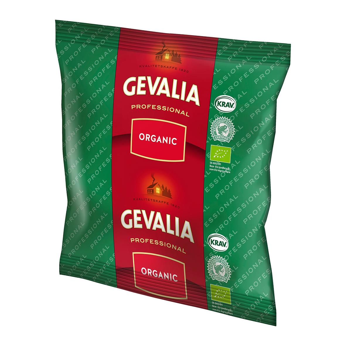 Förpackning av Gevalia Organic Mellanrost bryggkaffe 500g i grönt och rött design
