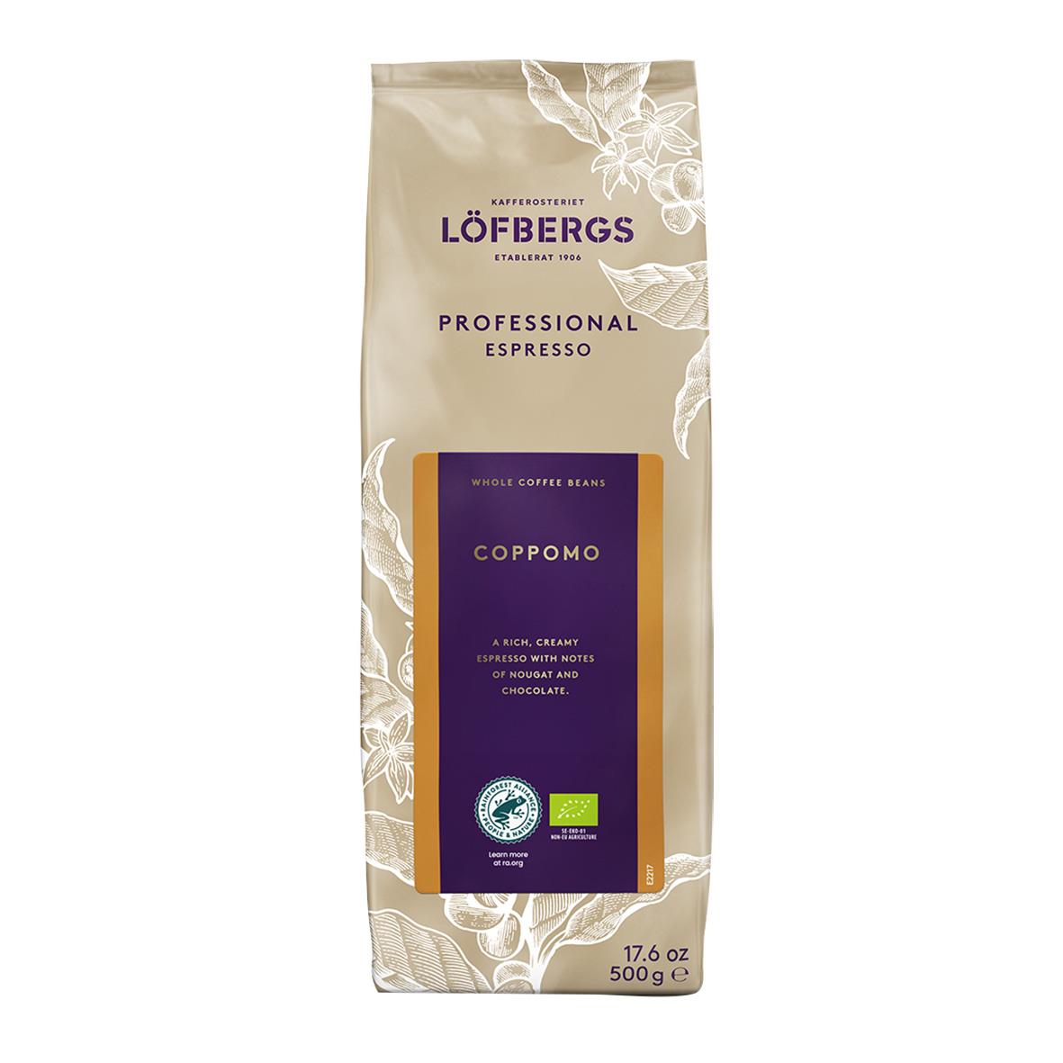 Förpackning av Löfbergs Coppomo Espresso hela bönor 500g med beige och lila design