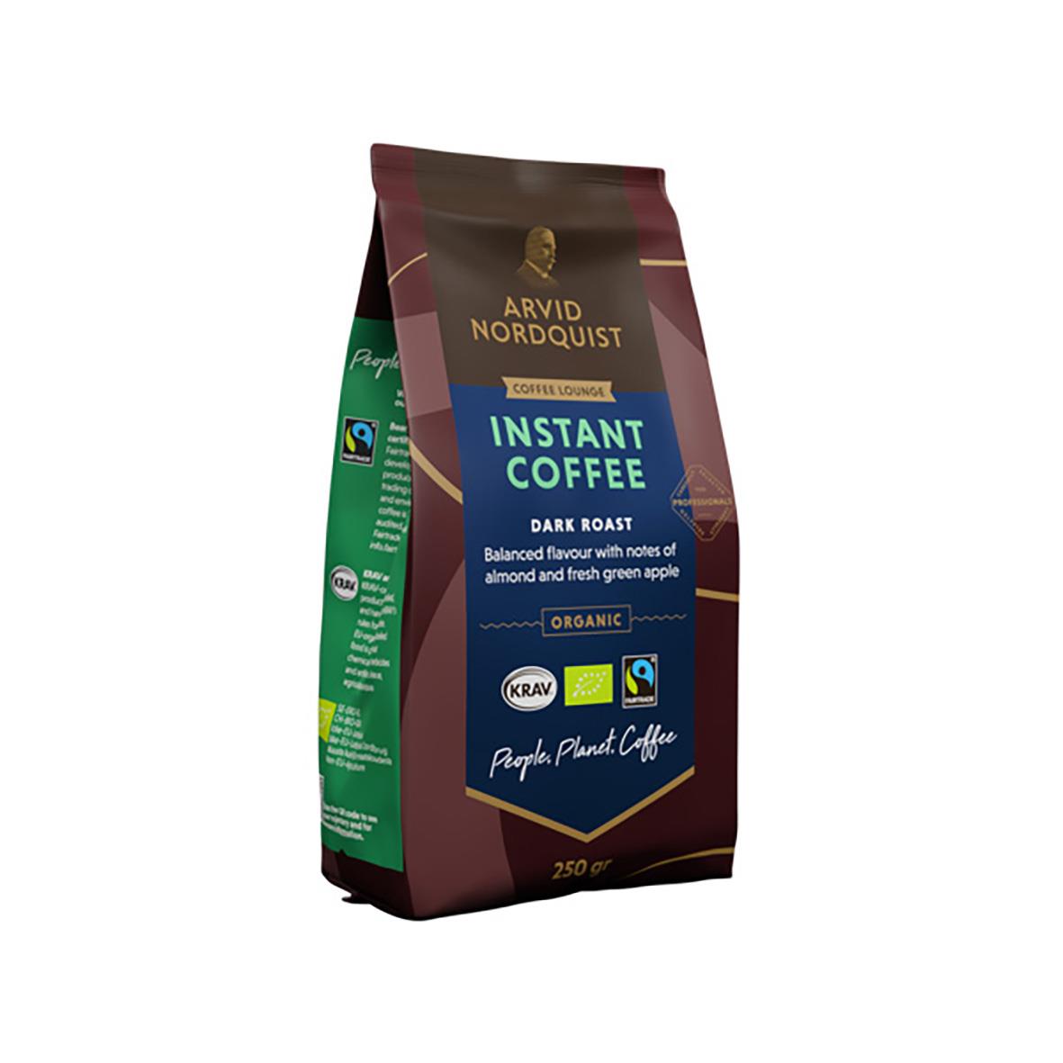 Kaffe Arvid Nordquist Instant 250g i förpackning med brunt, grönt och blått design