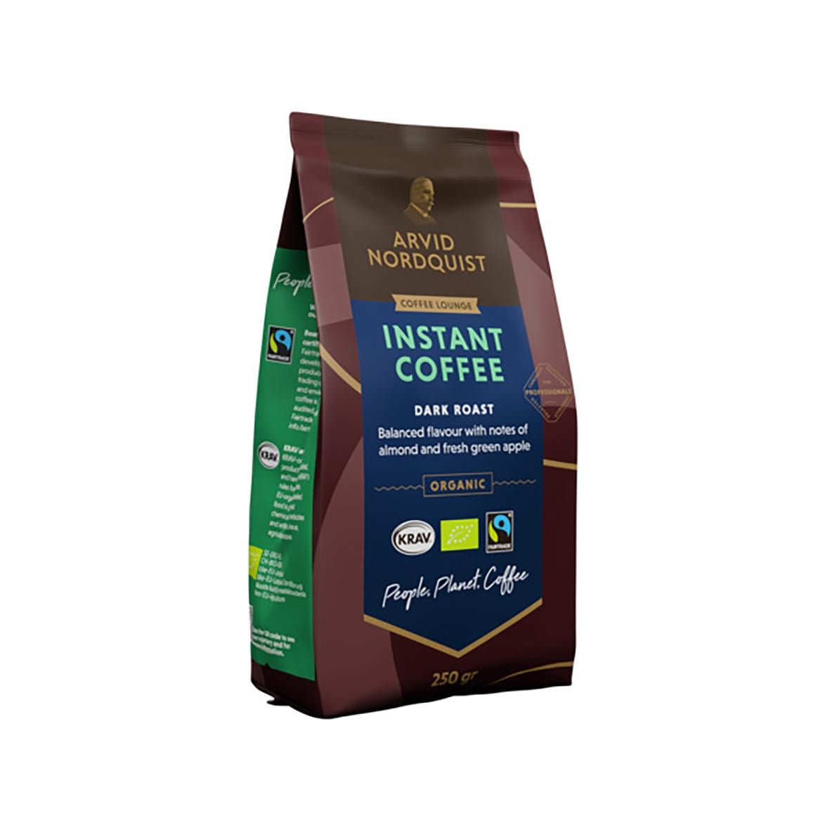 Kaffe Arvid Nordquist Instant 250g i förpackning med brunt, grönt och blått design