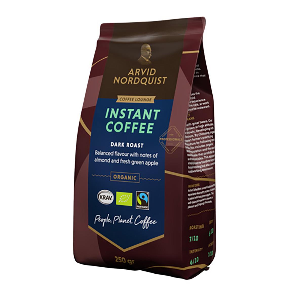 Förpackning av Arvid Nordquist Instant Coffee Dark Roast 250g med blå och brun design