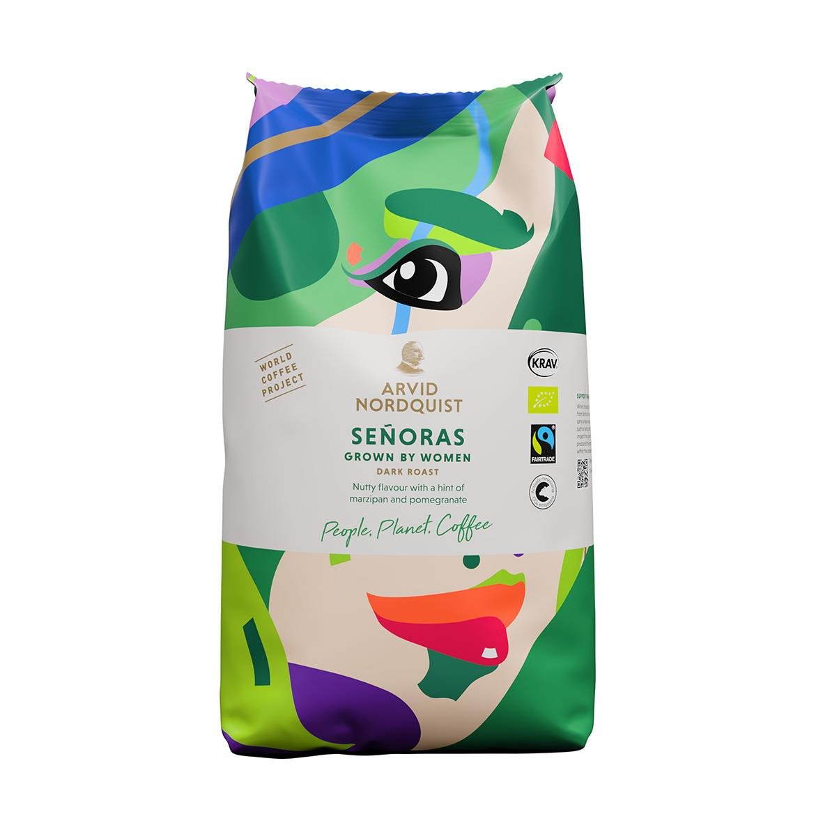 Kaffeepaket med färgglad, abstrakt kvinnlig ansiktsdesign och text om ekologiskt kaffe från Arvid Nordquist