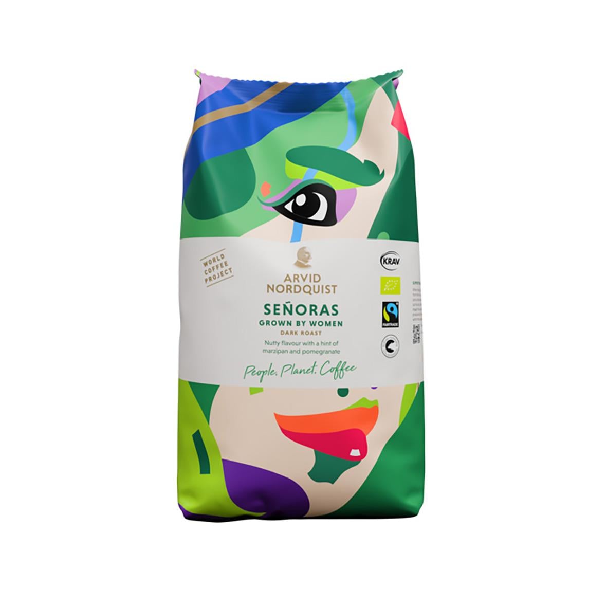 Kaffeepaket med färgglad, abstrakt kvinnlig ansiktsdesign och text om ekologiskt kaffe från Arvid Nordquist