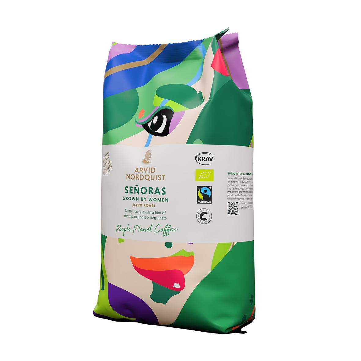 Förpackning av kaffe med färgglad konstnärlig design och etikett för Arvid Nordquist Senoras