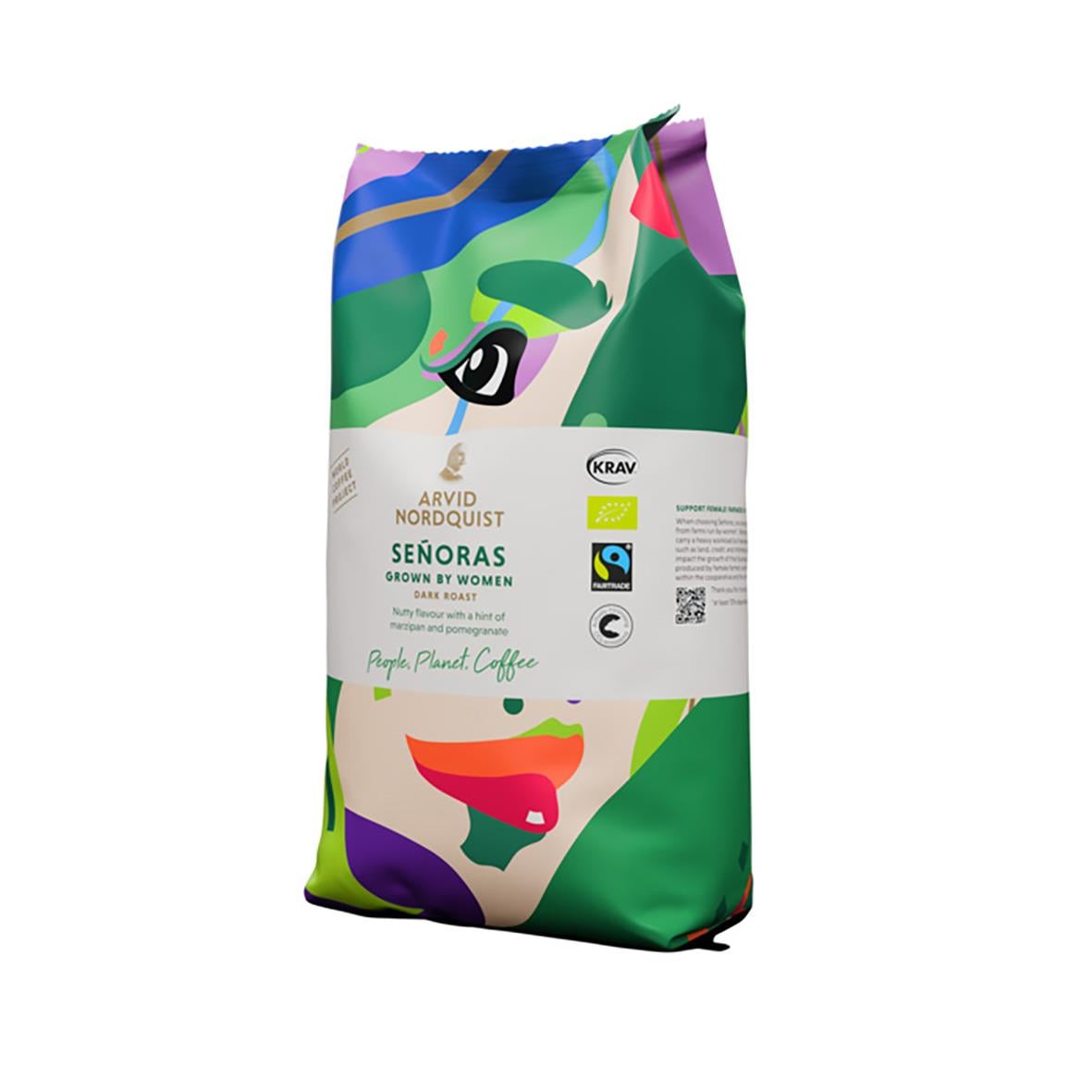 Förpackning av kaffe med färgglad konstnärlig design och etikett för Arvid Nordquist Senoras
